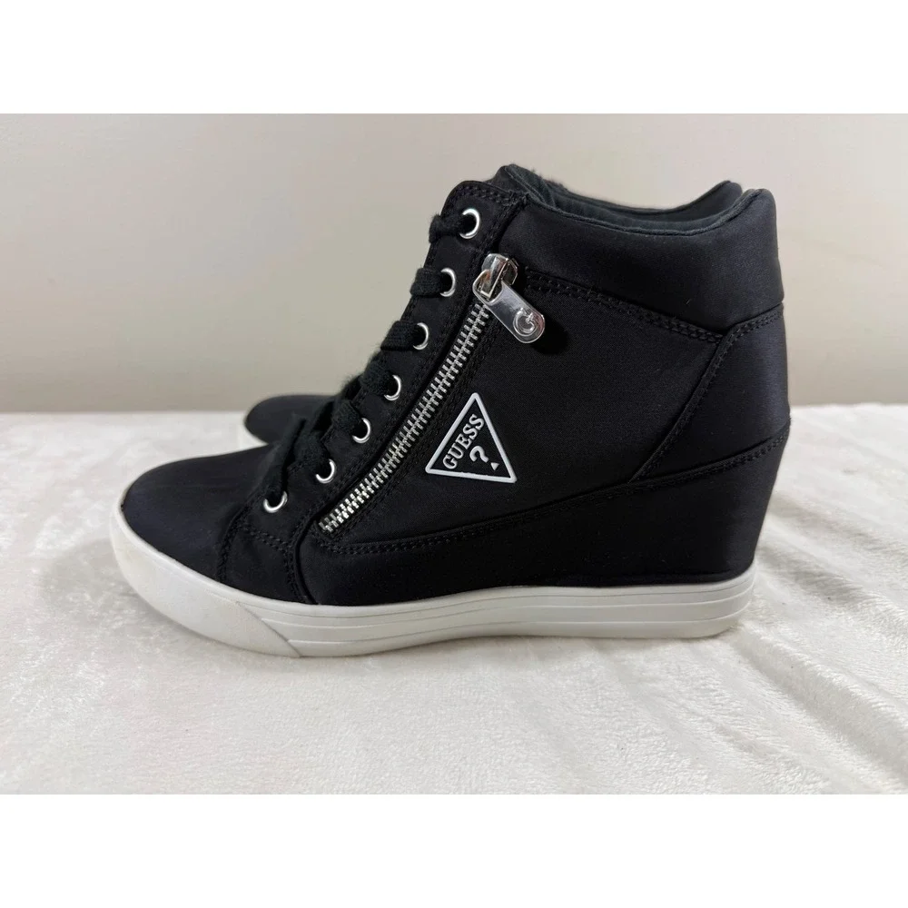Guess Wedge High Top Sneakers Women 8.5 Black Lace Up Side Zip Logo Casual Shoes